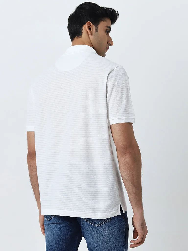 WES Casuals White Textured Relaxed-Fit Polo T-Shirt