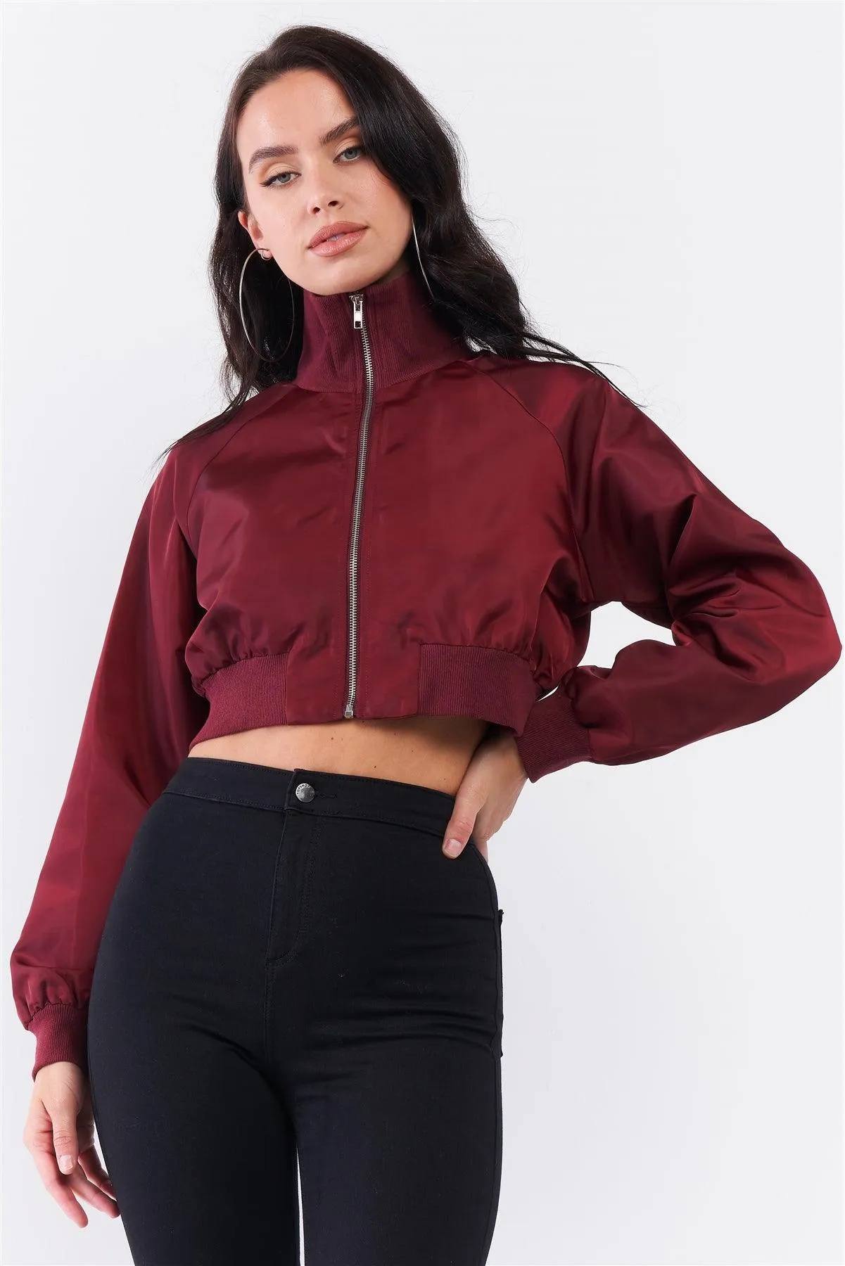 Wine Cropped Raglan Balloon Sleeve Rib Knit Cuff Bomber Jacket /3-2-1