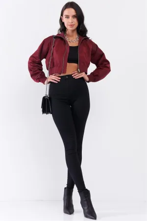 Wine Cropped Raglan Balloon Sleeve Rib Knit Cuff Bomber Jacket /3-2-1