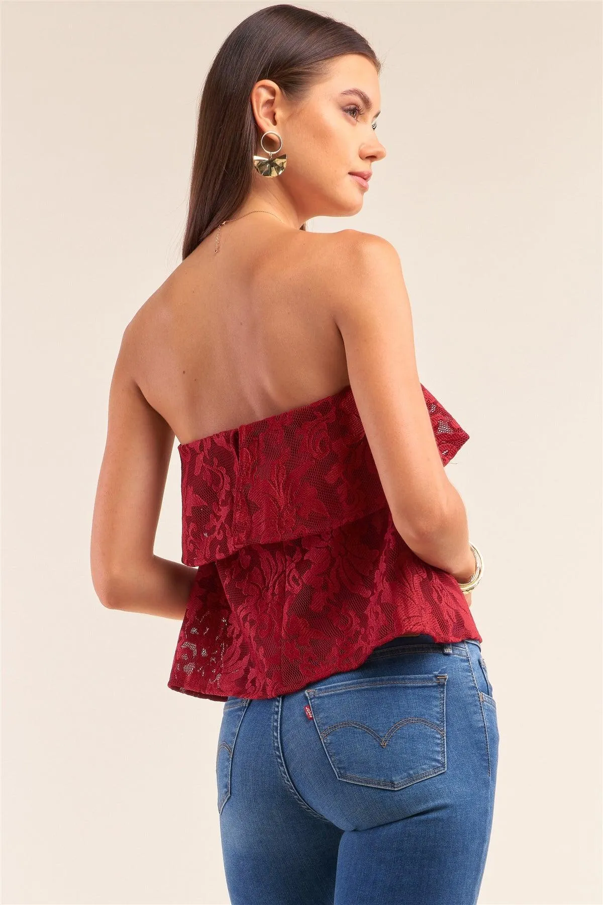 Wine Floral Lace Strapless Front Ruffle Crop Top /2-3-1