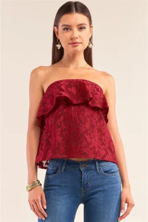 Wine Floral Lace Strapless Front Ruffle Crop Top /2-3-1