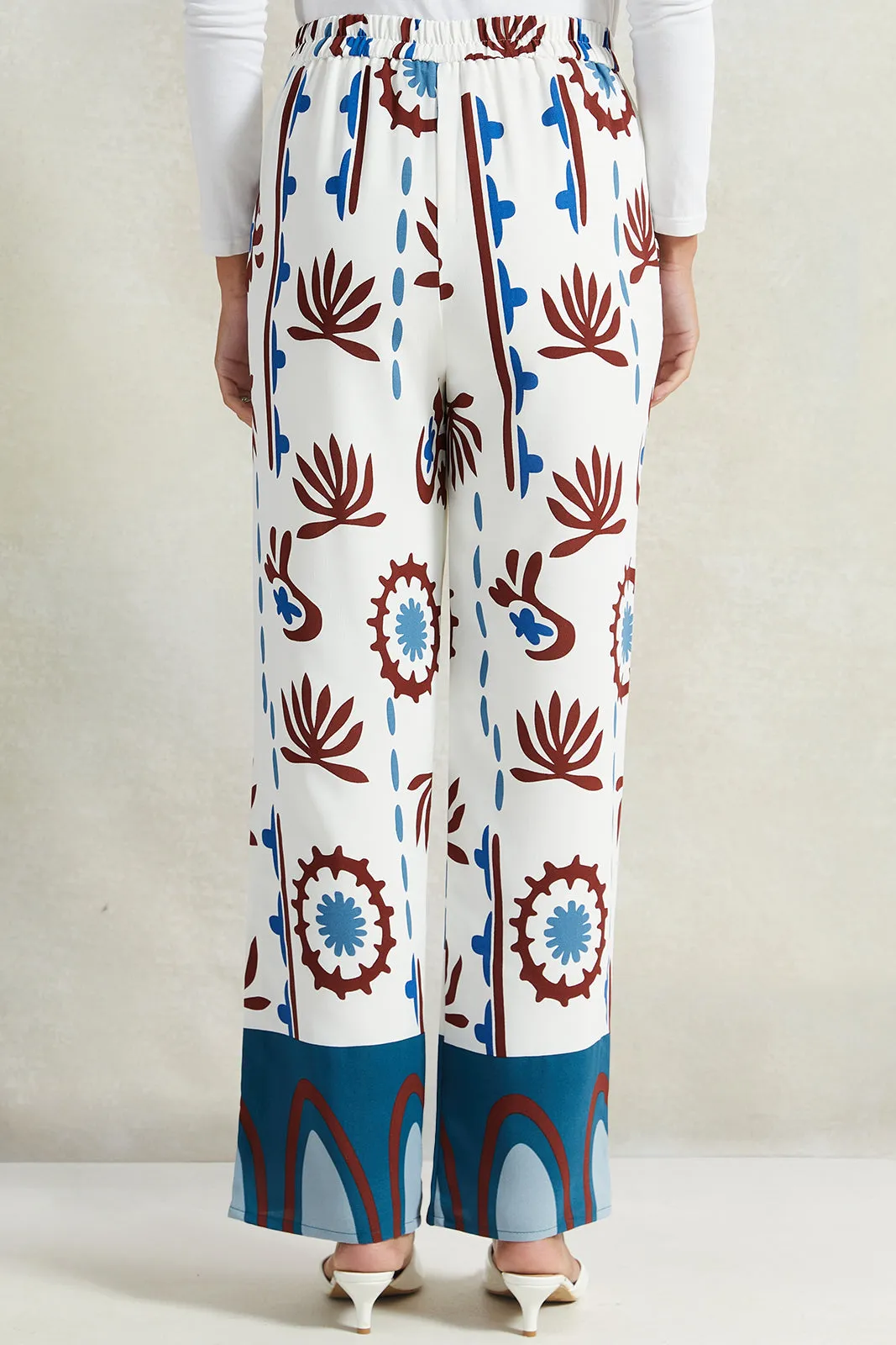 Women White Printed Wide Leg Trousers